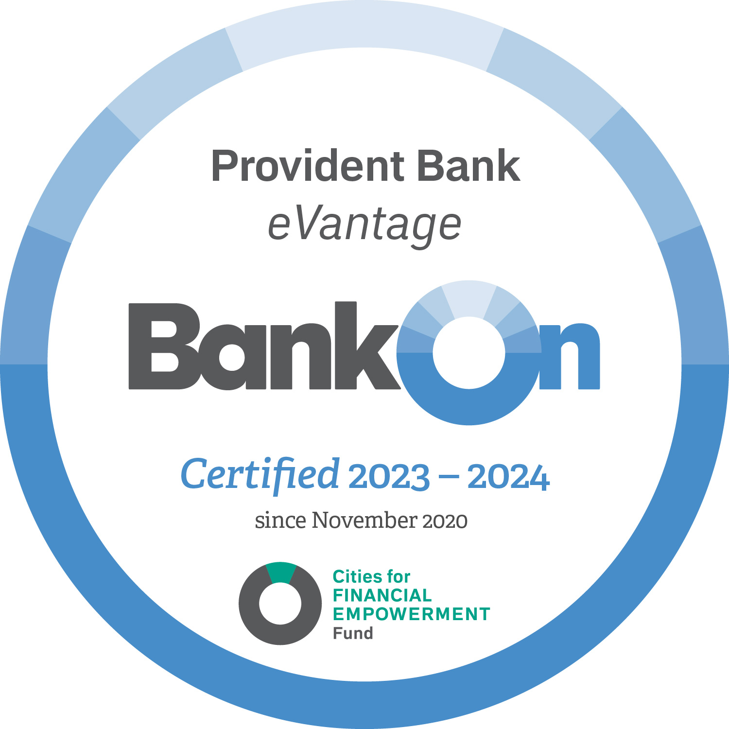 Image reads: Provident Bank eVantage. BankOn National Account Standards 2021 to 2022 Approved. Certified since November 2020. Cities for FINANCIAL EMPOWERMENT Fund.